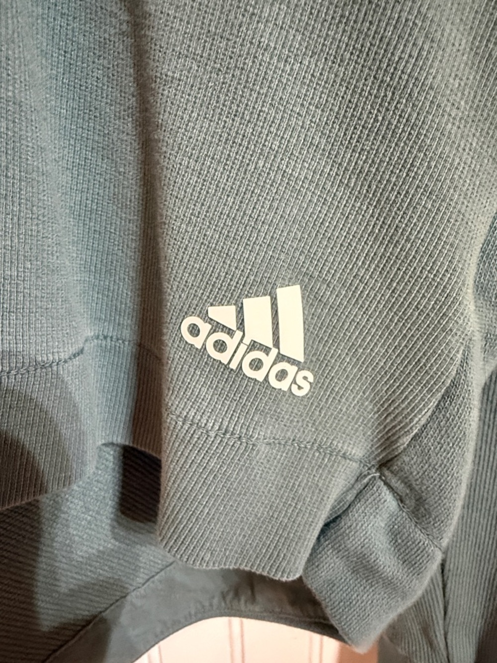adidas Sage Green Cropped Hoodie with Light Grey Shoulder Stripes - Picture 2 of 5